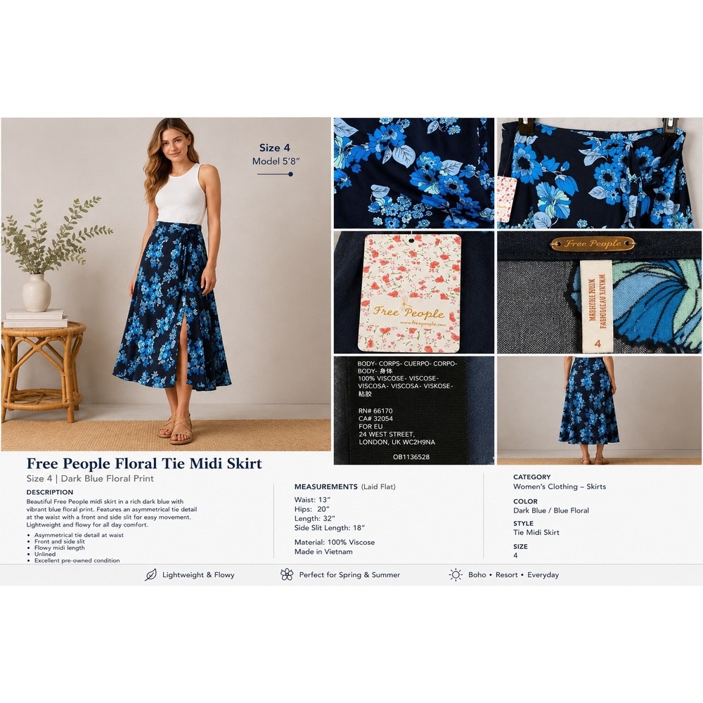 Free People Floral Tie Front Midi Skirt Blue‎ Boho Side Slit Festival Size 4